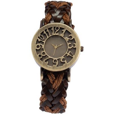 AMPM24 Bronze Hollow Ladies  Weave Wrap Coffee Leather Bracelet Quartz Wrist WAA545