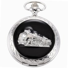 AMPM24 Dangle Pendant Sliver Case Pocket Quartz with Chain Steam trains Pattern WPK097