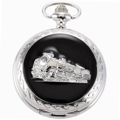 AMPM24 Dangle Pendant Sliver Case Pocket Quartz with Chain Steam trains Pattern WPK097