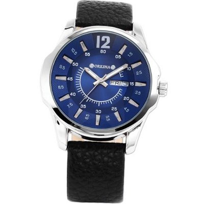 AMPM24 Date Day Display Unique Blue Dial Leather Band Quartz Wrist ORK147