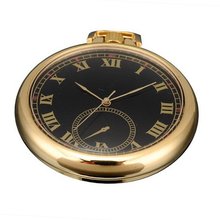 AMPM24  Gold Tone Black Dial Pendant Pocket Quartz Gift + Chain WPK057