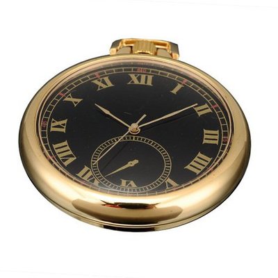 AMPM24  Gold Tone Black Dial Pendant Pocket Quartz Gift + Chain WPK057