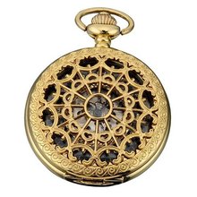 AMPM24 Golden Black Skeleton Carved Mechanical Classic Pocket Chain Gift WPK083