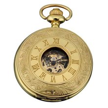 AMPM24 Golden White Skeleton Carved Mechanical Classic Pocket + Chain WPK080
