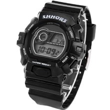 AMPM24 LCD Digital Date Stop  Sport LED Backlight Black Rubber Band Quartz LED133