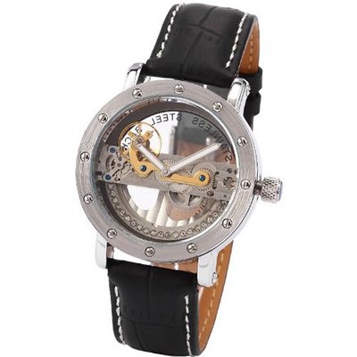 AMPM24 Luxury Steampunk Analog Black Leather Automatic Mechanical Skeleton PMW150