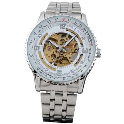 AMPM24 Mechanical Analog White Skeleton Stainless Steel Sport Wrist Cool PMW024
