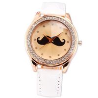AMPM24 Rose Gold Bling Crystal Mustache Ladies White Leather Quartz Wrist Gift WAA511