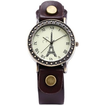 AMPM24 Vintage Bronze Case Eiffel Tower Lady Girl Brown Leather Quartz Wrist WAA471