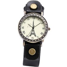 AMPM24 Vintage Bronze Case Eiffel Tower Lady Girl Genuine Black Leather Quartz Wrist WAA470