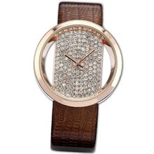 Bling Crystal Transparent Dial Rose Gold Case Lady  Quartz Brown Wrist WK1062
