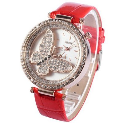 Fashion Lady  Dress Butterfly Crystal Red Leather Bracelet Quartz WK1097