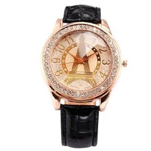 Lady  Crystal Bronze Case Eiffel Tower Black Leather Awesome Quartz WAA494