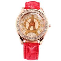 Lady  Crystal Eiffel Tower Red Leather Strap Awesome Quartz Wrist WAA499