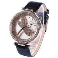 Lady Dragonfly Crystal Black Leather  Casual Party Ball Analog Quartz WK1099