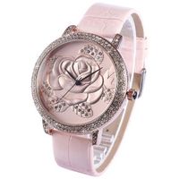 New GUOU Pink Rose Bling Crystal Lady  Genuine Leather Quartz Wrist WK1089