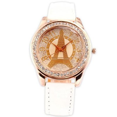Rose Gold Tone Crystal Eiffel Tower Lady  White Leather Quartz Wrist WAA495