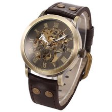 Steampunk Bronze Skeleton Self-Winding Auto Mechanical Leather Wrist PMW198