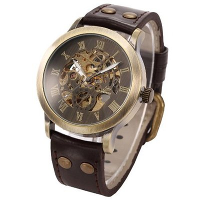 Steampunk Bronze Skeleton Self-Winding Auto Mechanical Leather Wrist PMW198