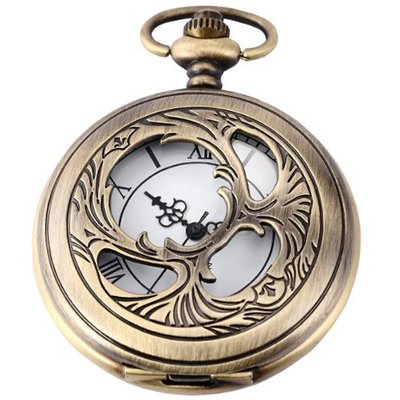 Vintage Bronze Skeleton Holy Angel Wing Pocket Quartz Pendant with Chain WPK102