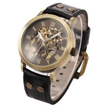 Vintage Roman Steampunk Skeleton Self-Winding Mechanical Leather Band PMW199