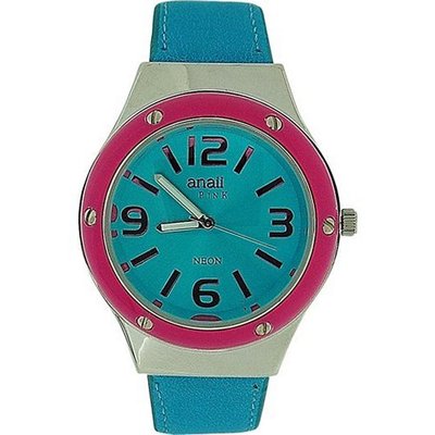 Anaii Pink 'Neon' Blue Dial Pink Bezel Blue PU Strap Ladies AP624