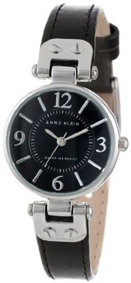 Anne Klein 109443BKBK Silver-Tone Black Dial and Black Leather Strap