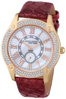 Anne Klein 12/2094WMRG Swarovski Crystal Accented Burgundy Croco-Grain Leather Strap