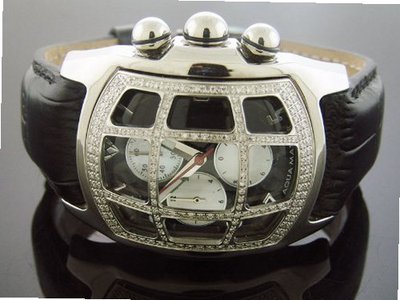 Aqua Master 1.75ct Diamonds Bubble with Grill Black Face Leather Band