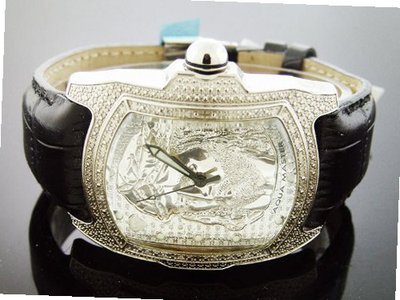 Aqua Master Jesus Face 20 Diamonds Black Leather Band