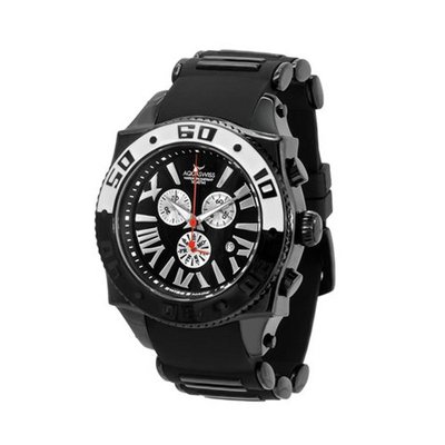 Aquaswiss Chronograph Swiss Quartz Large 50 MM Black Dial Stainless Steel Black Ion Black and White Bezel Day Date #62XG0178
