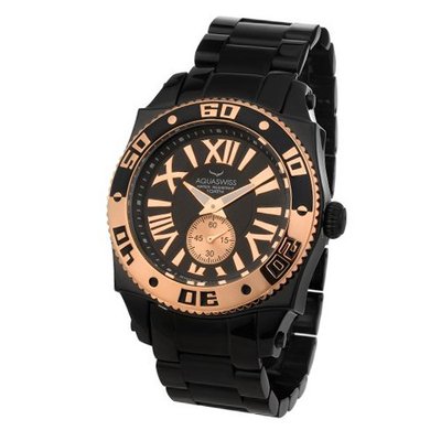 Aquaswiss Swiss Quartz 44 MM Black Ion Black Dial Black and Rose Gold Rotating Bezel 62G0069