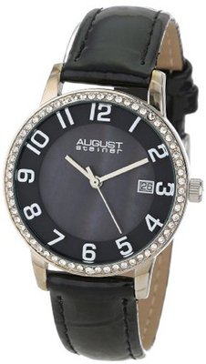 August Steiner AS8056BK Swiss Quartz Mother-Of-Pearl Crystal Leather Strap