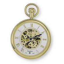 Avalon 17 Jewel Mechanical Skeleton Gold-tone Pocket with Chain, # 8410GX