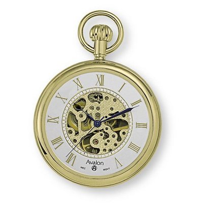 Avalon 17 Jewel Mechanical Skeleton Gold-tone Pocket with Chain, # 8410GX