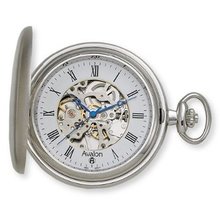 Avalon 17 Jewel Mechanical Skeleton Silver-tone Covered Pocket with Chain, #4035S