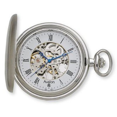 Avalon 17 Jewel Mechanical Skeleton Silver-tone Covered Pocket with Chain, #4035S