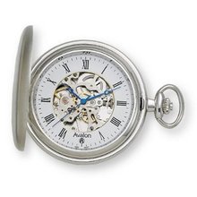 Avalon 17 Jewel Mechanical Skeleton Silver-tone Covered Pocket with Chain, #4037S