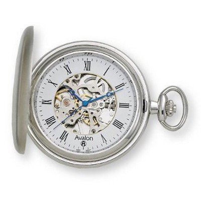 Avalon 17 Jewel Mechanical Skeleton Silver-tone Covered Pocket with Chain, #4037S