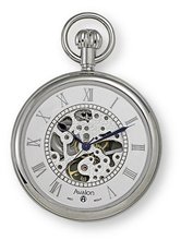 Avalon 17 Jewel Mechanical Skeleton Silver-tone Pocket with Chain, # 8410SX