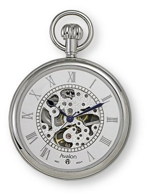 Avalon 17 Jewel Mechanical Skeleton Silver-tone Pocket with Chain, # 8410SX