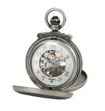 Avalon Antique Silver-Tone Double Lion Cover 17-Jewel Mechanical Skeleton Pocket with Chain # 8060SX