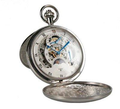 Avalon Imperiale Series Polished Silver-Tone 17-Jewel Mechanical Complications Skeleton Pocket with Chain # 8720SX