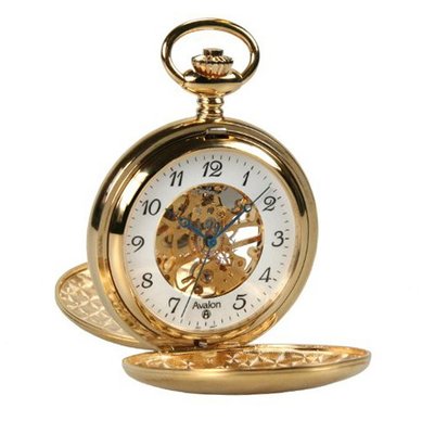 Avalon Polished Gold-Tone Double Cover 17-Jewel Mechanical Skeleton Pocket with Chain # 8310GX