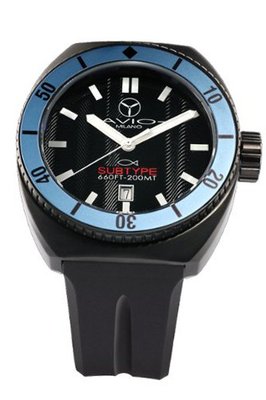 uAvio Milano SUB BK BL Subtype Black PVD Steel Blue Unidirectional Bezel Black Luminous Dial 