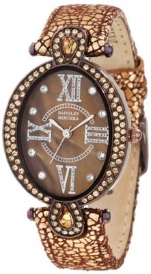 Badgley Mischka BA/1039BMBZ Swarovski Crystal Accented Oval Silver-Tone Bronze Leather Strap