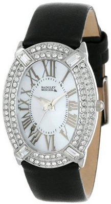 Badgley Mischka BA/1225WMBK Swarovski Crystal Accented Silver-Tone Black Leather Strap