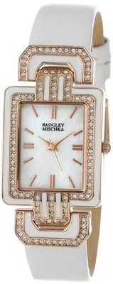 Badgley Mischka BA/1248WMWT Swarovski Crystal Accented Rose Gold-Tone White Leather Strap