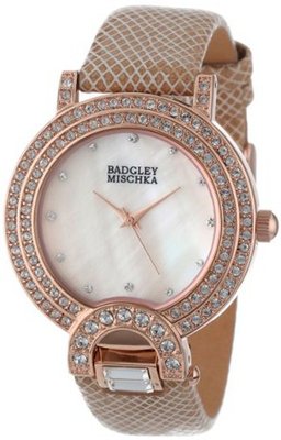 Badgley Mischka BA/1278PMRG Swarovski Crystal Accented Rose Gold-Tone Tan Leather Strap