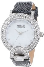 Badgley Mischka BA/1279WMBK Swarovski Crystal Accented Silver-Tone Black Leather Strap